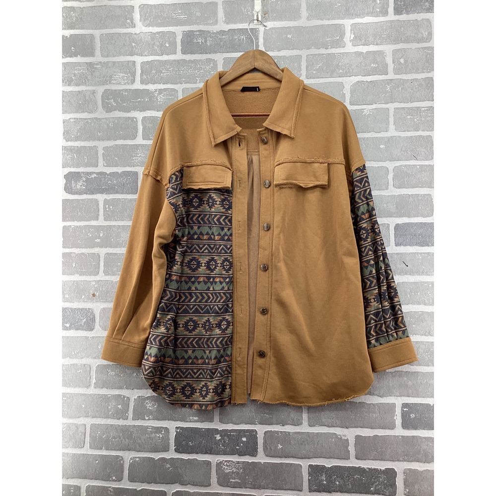Miss Me Womens Southwestern Print Mixed Media Shacket Tan MJ0407L Small